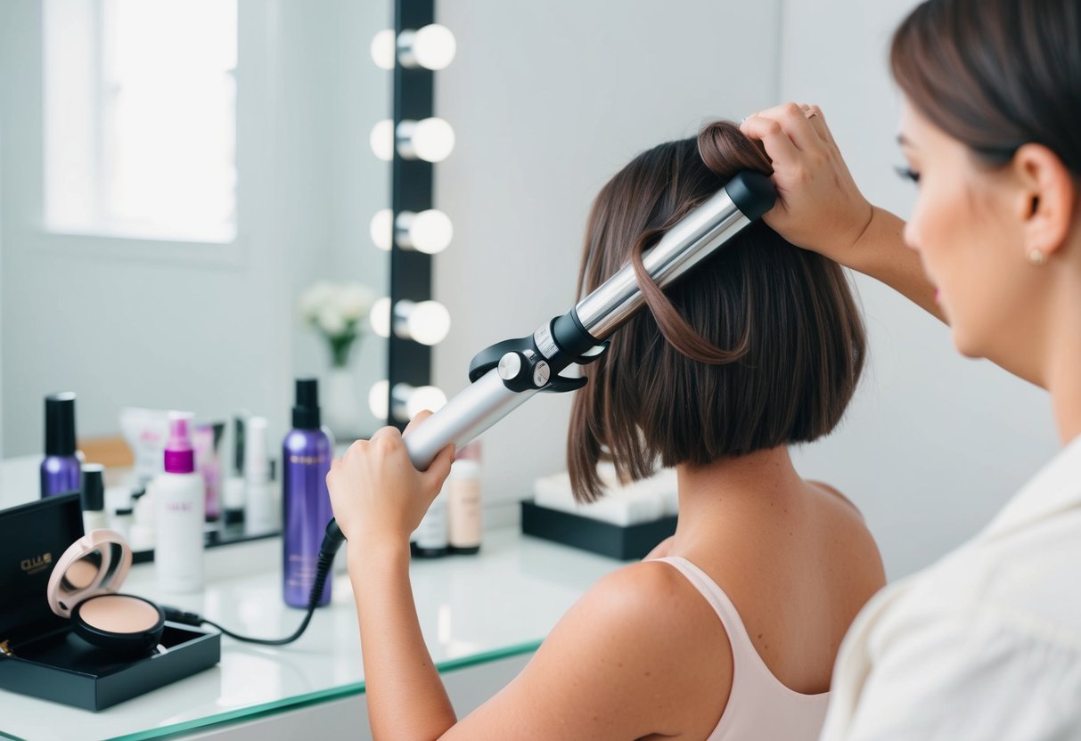 A woman's short hair being styled with a curling iron and hair products on a clean, white vanity table