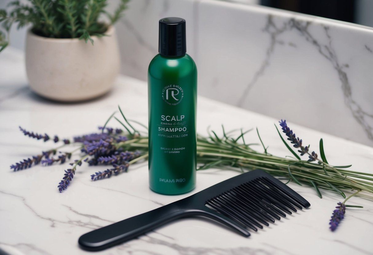 A bottle of scalp shampoo sits next to a wide-tooth comb on a marble countertop, surrounded by a few sprigs of fresh lavender