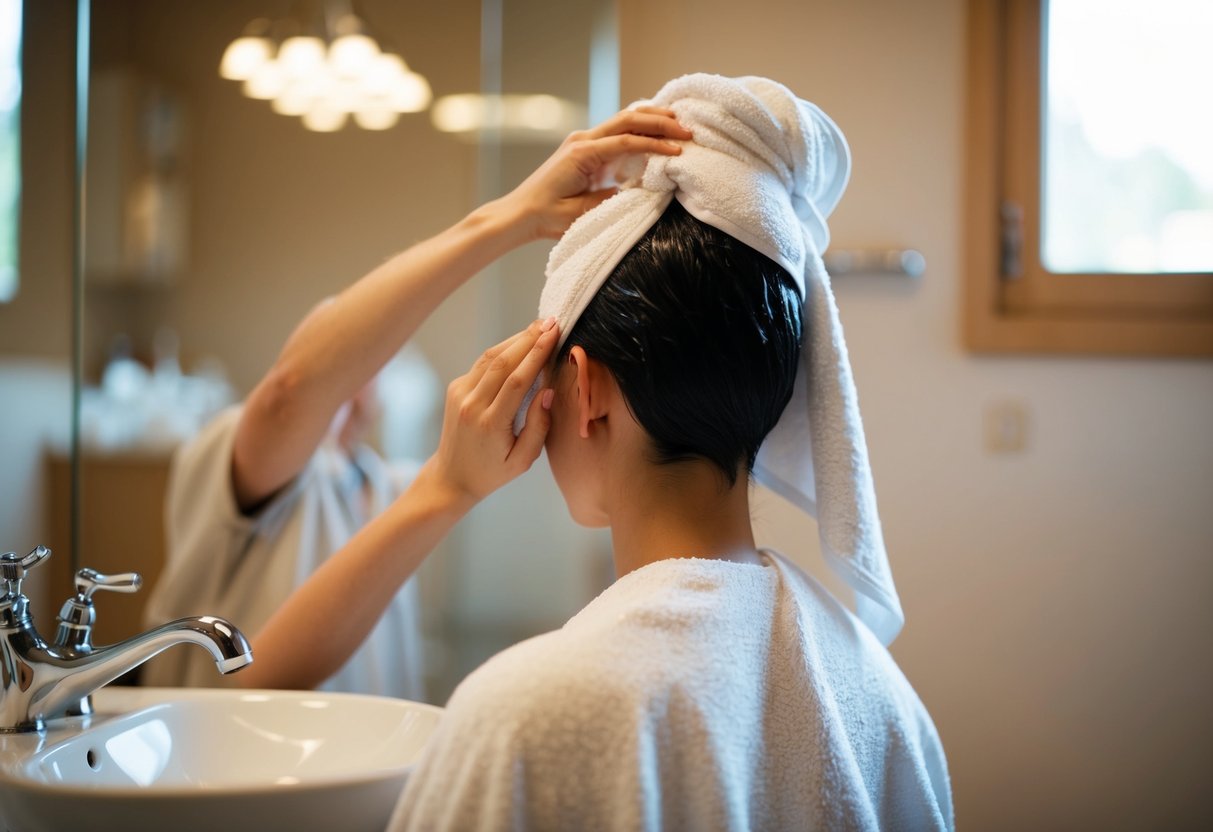 A person applying a deep conditioning treatment to their hair, sitting with a towel wrapped around their head in a cozy bathroom