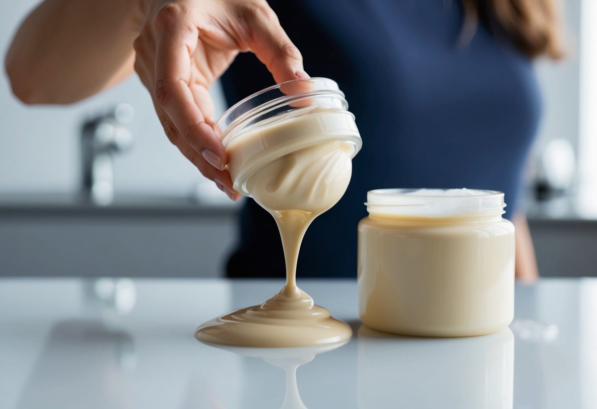 A woman's hand squeezing a dollop of thick, creamy deep conditioner from a jar onto a smooth, clean surface