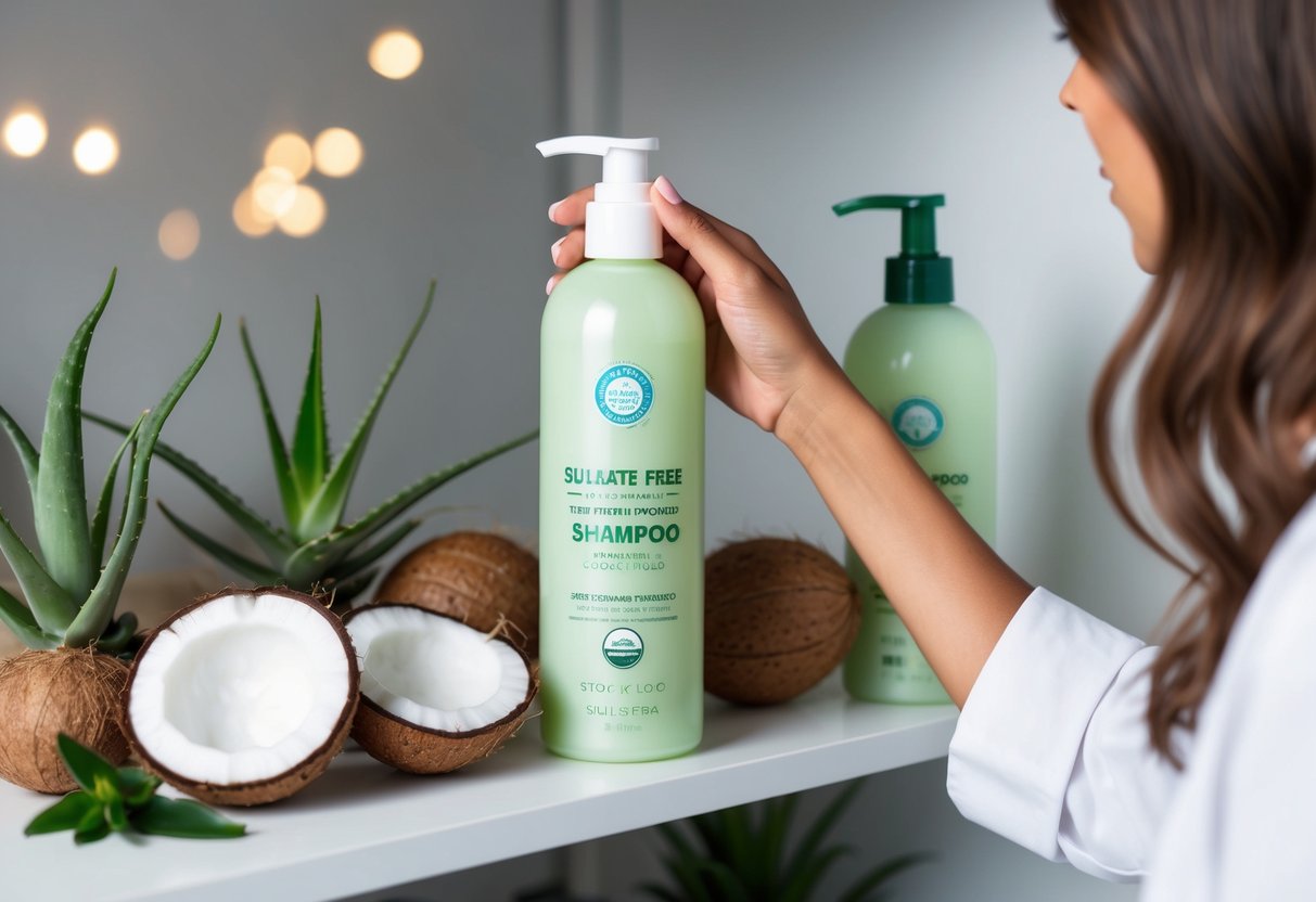 A woman's hand reaches for a bottle of sulfate-free shampoo on a shelf, surrounded by natural ingredients like aloe vera and coconut