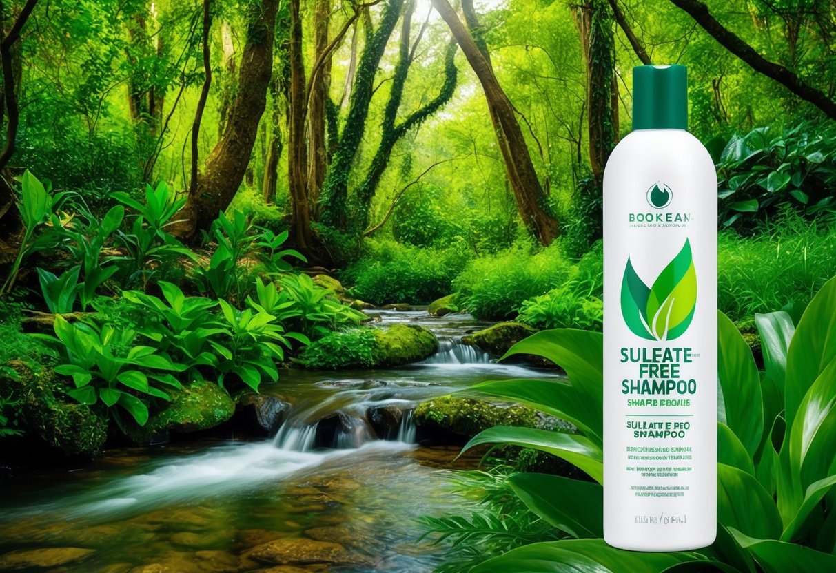 A lush green forest with clear flowing streams, surrounded by healthy wildlife and vibrant plant life, illustrating the environmental and health benefits of sulfate-free shampoo