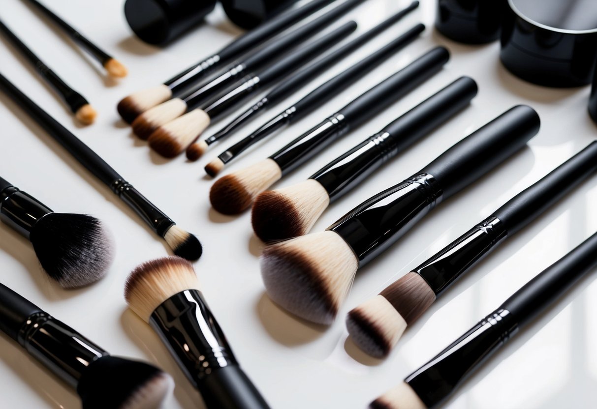 A collection of assorted makeup brushes arranged neatly on a clean, white surface, with soft bristles and ergonomic handles