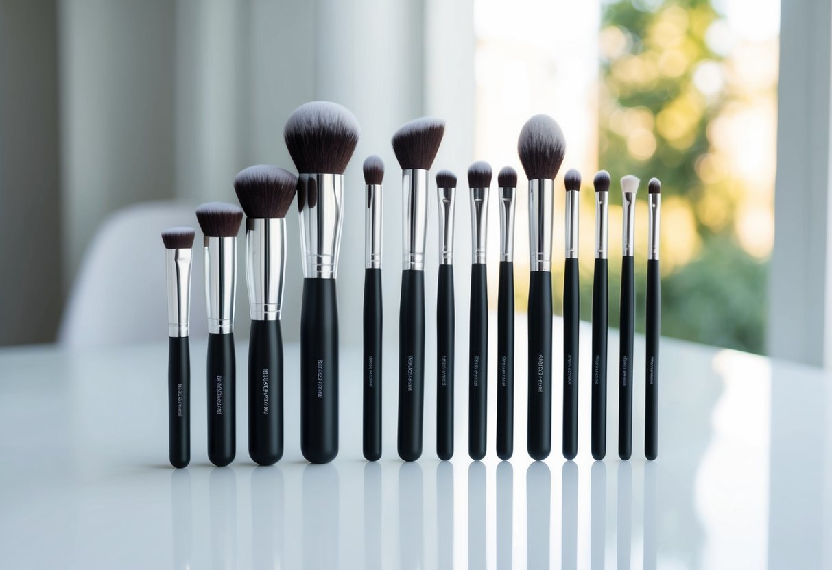 A set of makeup brushes arranged neatly on a clean, white surface with soft, natural lighting