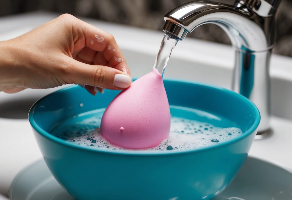 A beauty blender sits in a bowl of soapy water, being gently squeezed and rinsed under running water