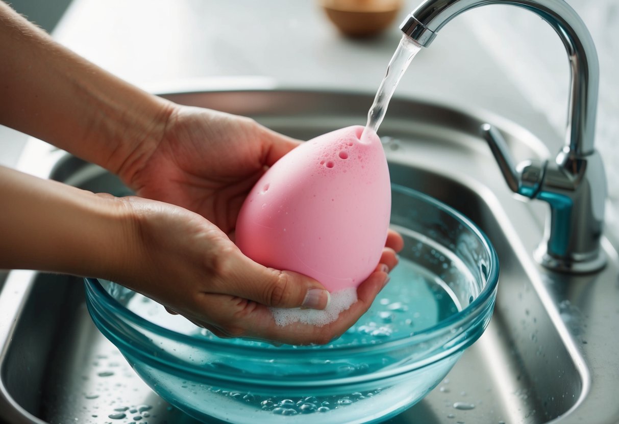 A beauty blender sits in a bowl of soapy water, being gently squeezed and rinsed under running water