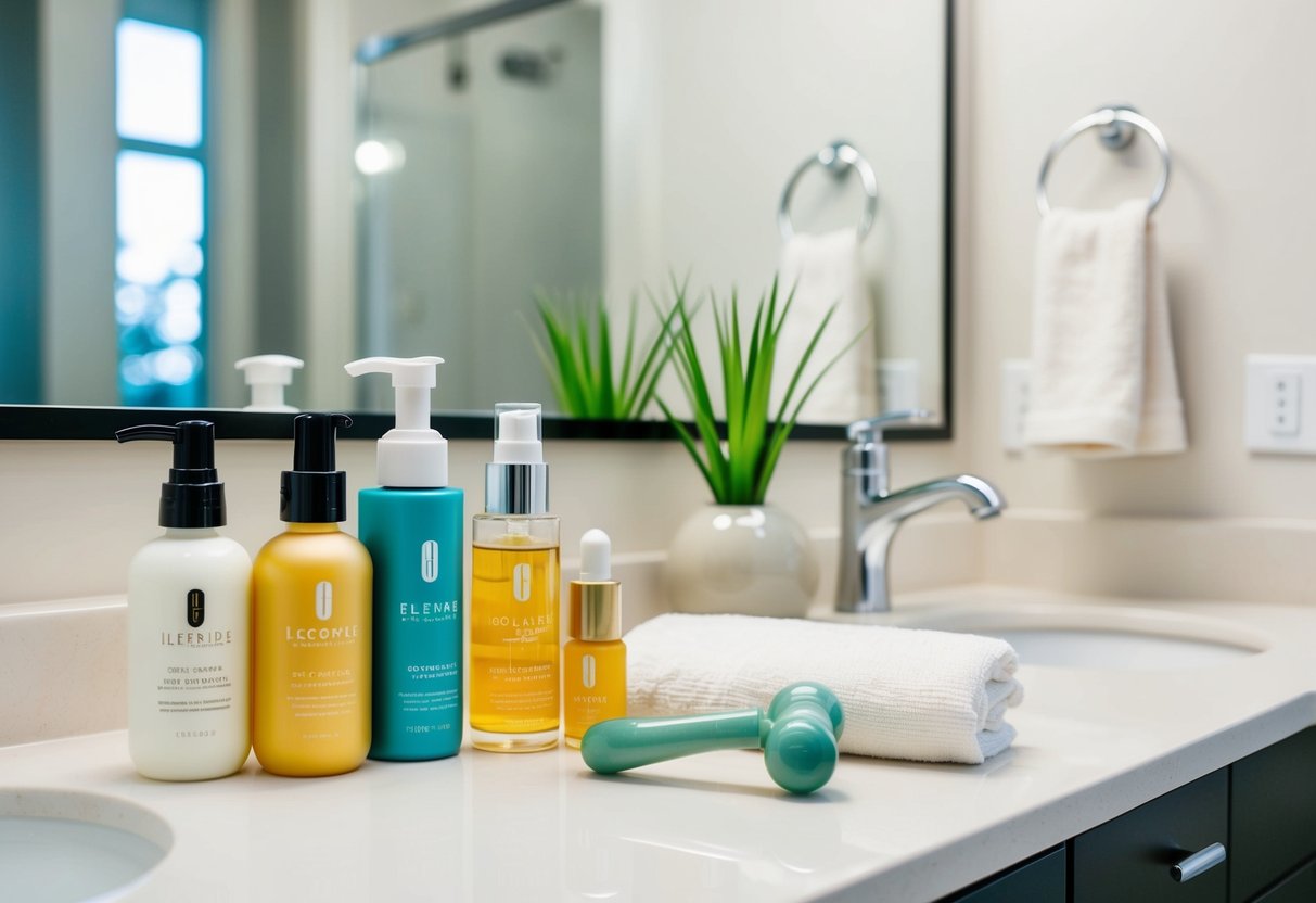 A clean, organized bathroom counter with bottles of cleanser, moisturizer, serum, and sunscreen neatly arranged next to a soft towel and a jade roller