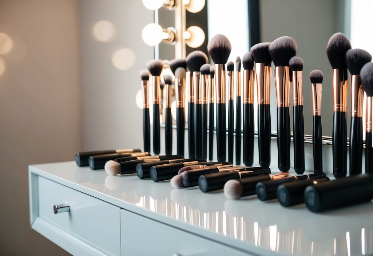 A collection of makeup brush sets arranged neatly on a sleek, modern vanity table, with soft lighting highlighting the bristles and handles