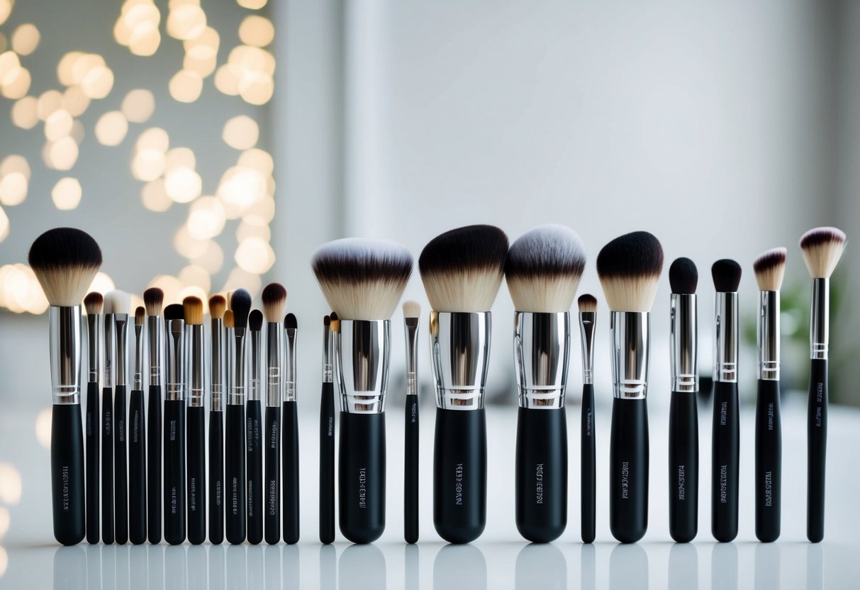 A collection of essential makeup brushes arranged neatly on a clean, white surface, with each brush clearly labeled and organized