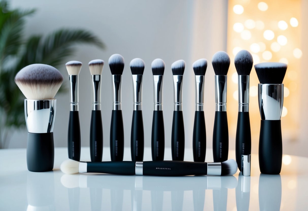 A variety of facial cleansing brushes arranged on a clean, white surface, with soft bristles and sleek, modern designs