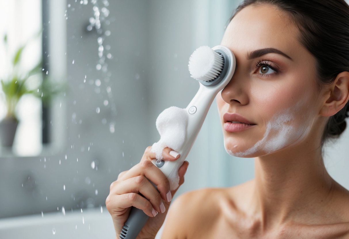 A woman uses a facial cleansing brush on her face, with water and foam creating a cleansing routine