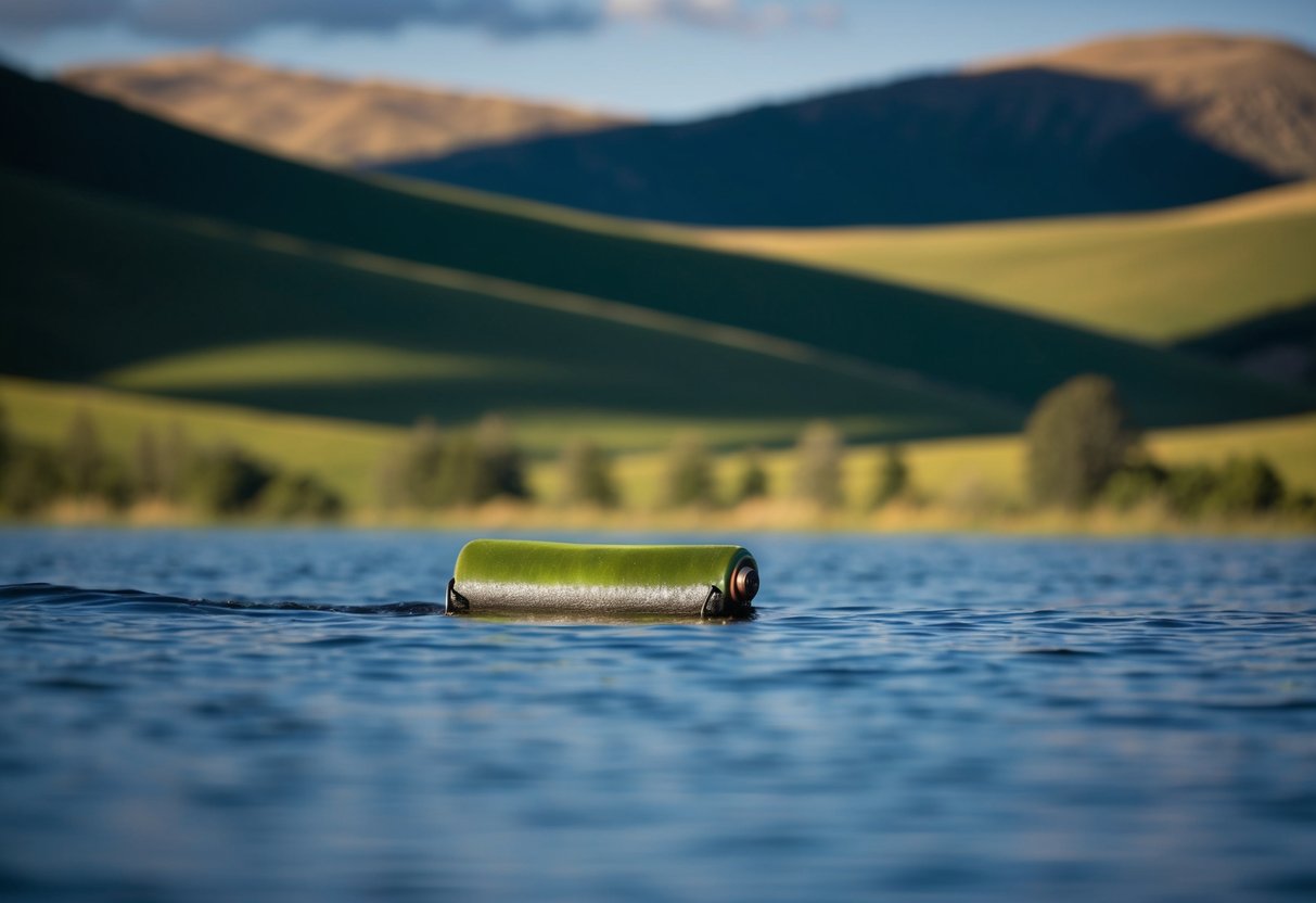 A jade roller glides over a serene landscape of rolling hills and calm waters, evoking a sense of tranquility and relaxation