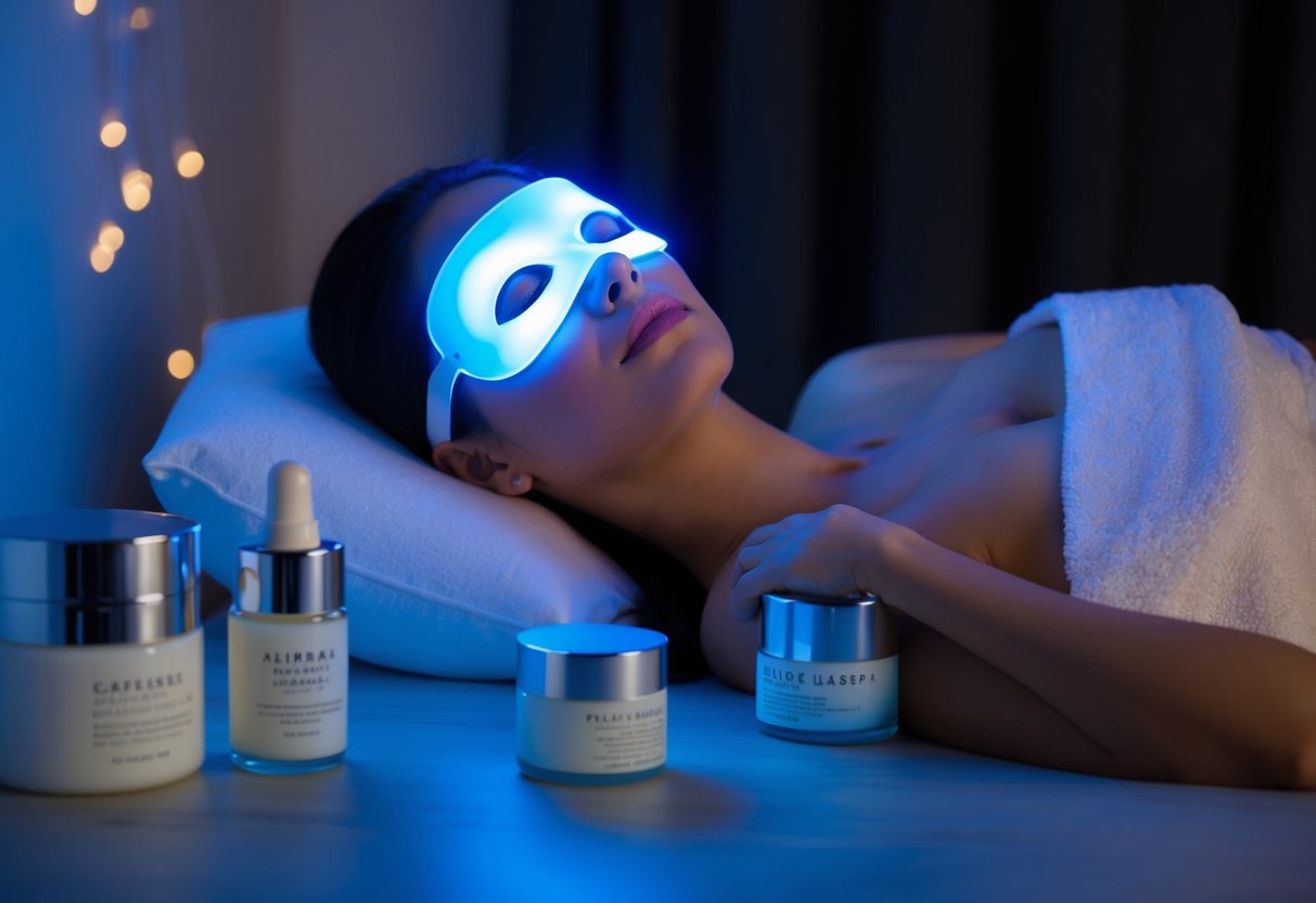 A woman reclines in a dimly lit room, wearing an LED face mask emitting a soft blue light, surrounded by jars of skincare products