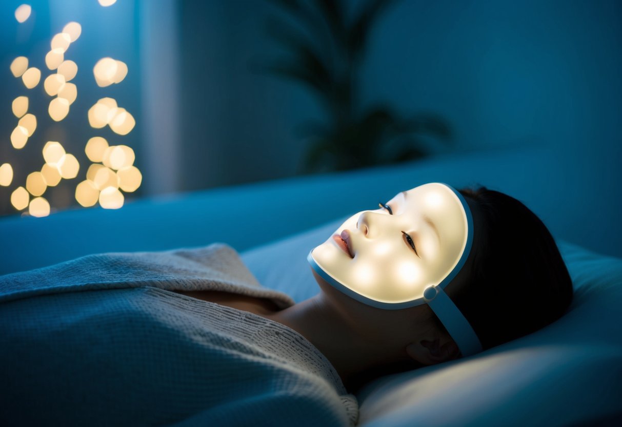 A serene figure reclines with an LED face mask emitting a soft glow, surrounded by a tranquil, dimly lit room