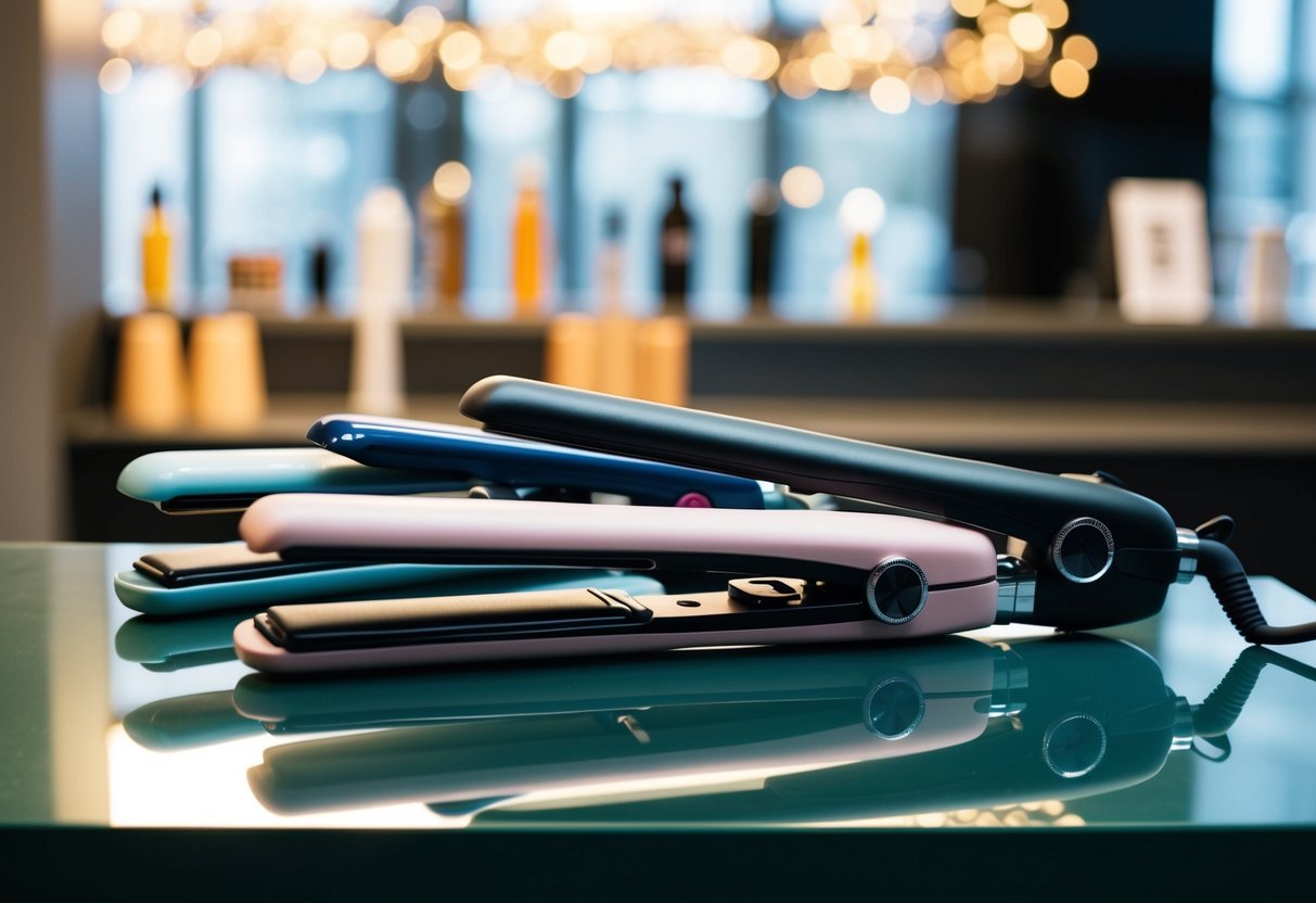 A variety of hair straighteners displayed on a sleek, modern counter with different textures and colors