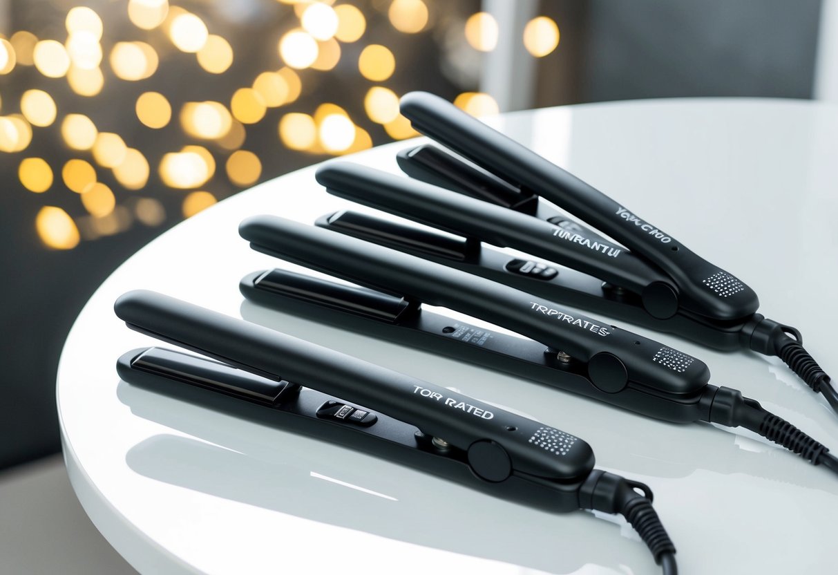 A variety of hair straighteners displayed on a clean, white surface, with each one labeled as "top-rated" for different hair types