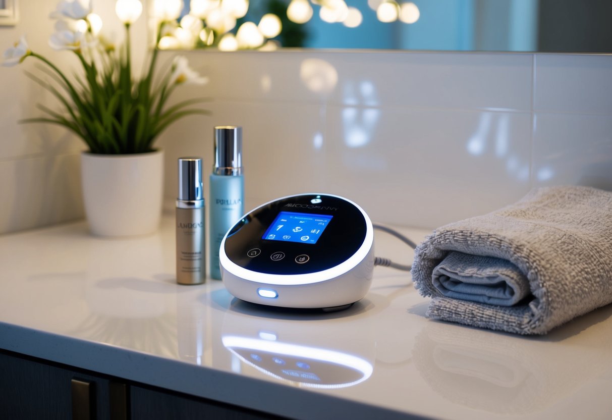 A sleek microcurrent device glows softly on a clean, white countertop, surrounded by luxurious skincare products and a plush towel