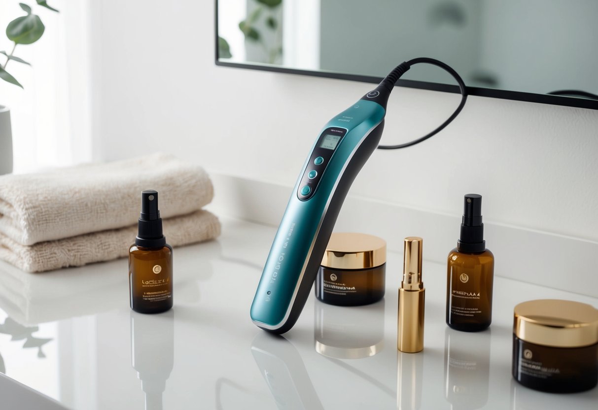 A sleek, handheld microcurrent device sits on a clean, modern vanity surrounded by skincare products and a soft, plush towel