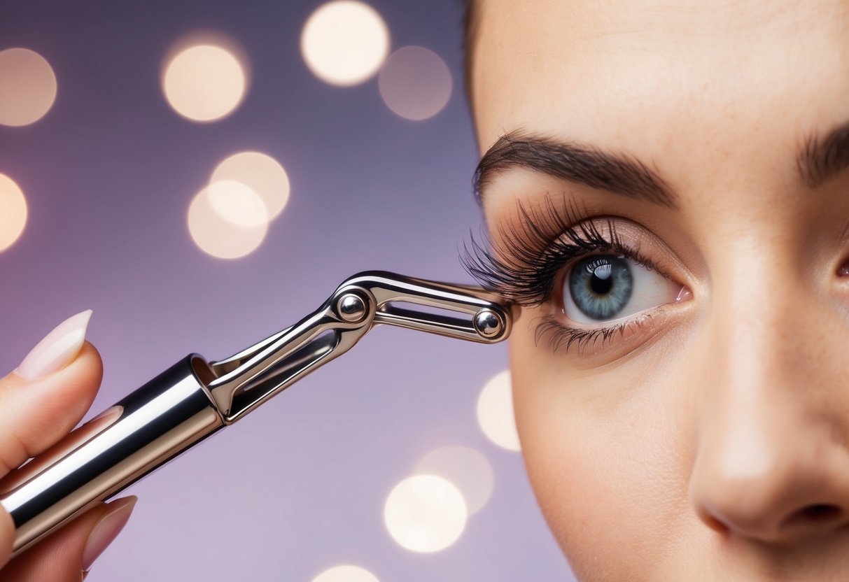 An eyelash curler lifting and curling lashes with precision