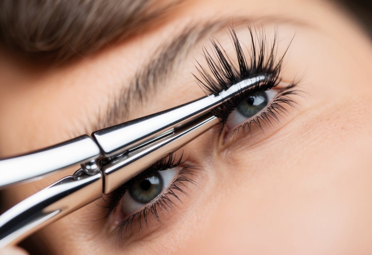 An eyelash curler pressing against a set of long, dark eyelashes, creating a perfect curl