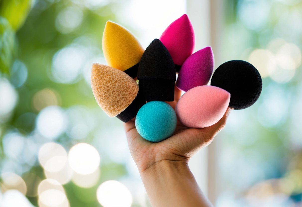 A hand holding a variety of makeup sponges, comparing their texture, size, and shape under bright, natural light