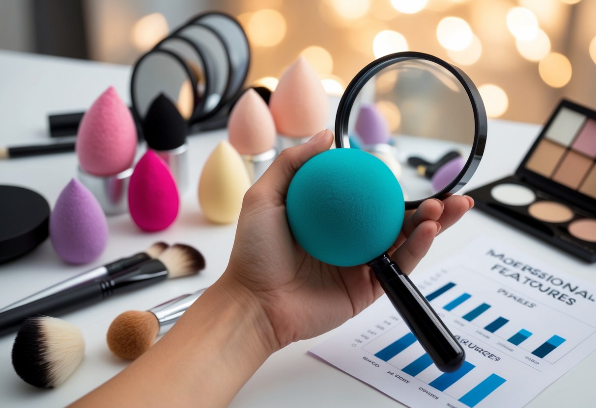 A hand holding a variety of makeup sponges, with a magnifying glass examining their texture and quality. A chart comparing different features is nearby