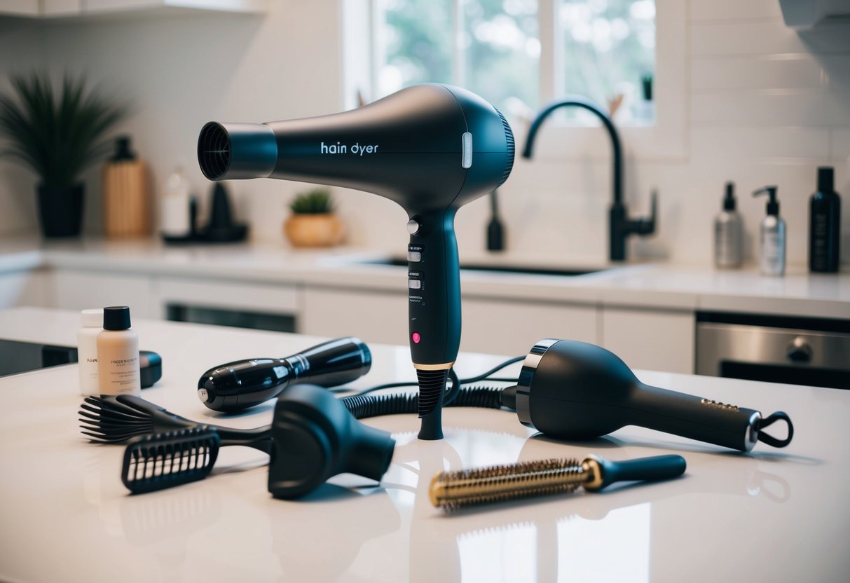 A sleek, modern hair dryer with multiple speed and heat settings, surrounded by various styling tools and products on a clean, white countertop