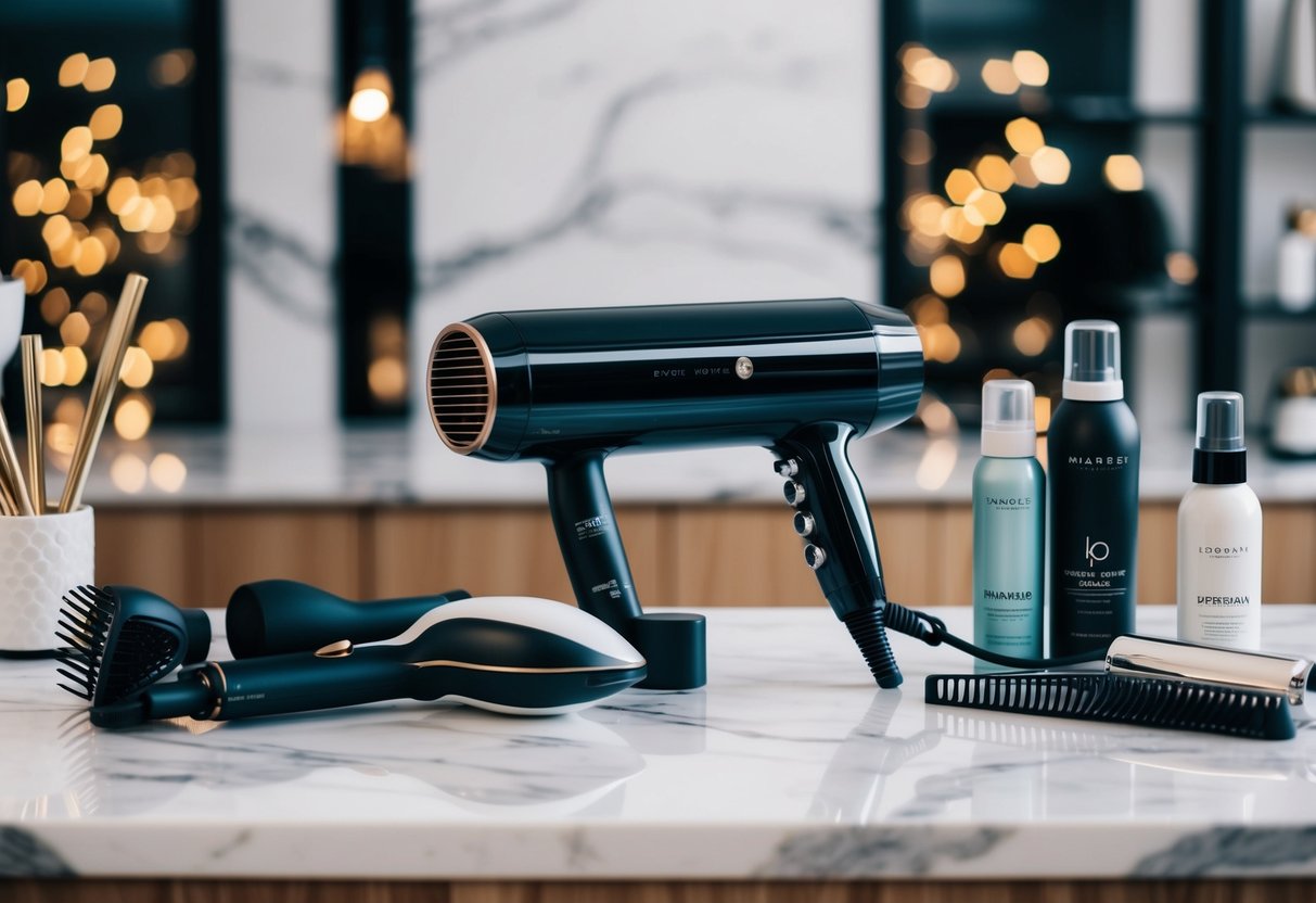 A sleek, modern hair dryer sitting on a marble countertop, surrounded by various styling tools and products