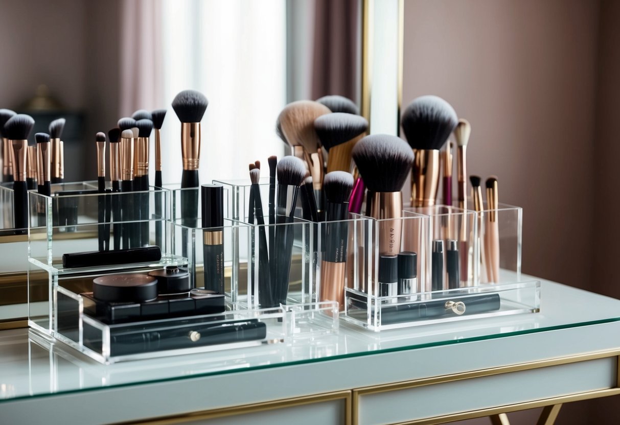 Makeup brushes and tools neatly organized in clear acrylic organizers on a vanity table