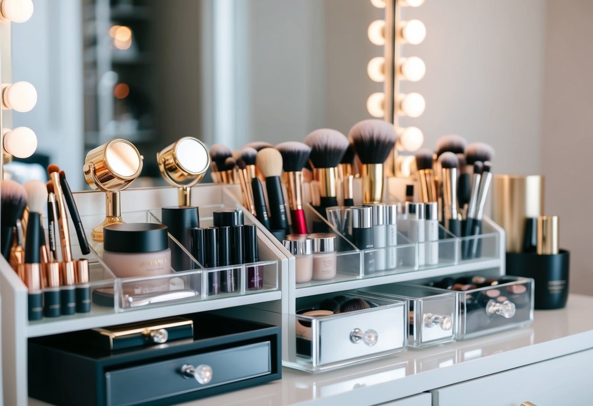 A clean, organized vanity with various makeup tools neatly stored in separate compartments and containers