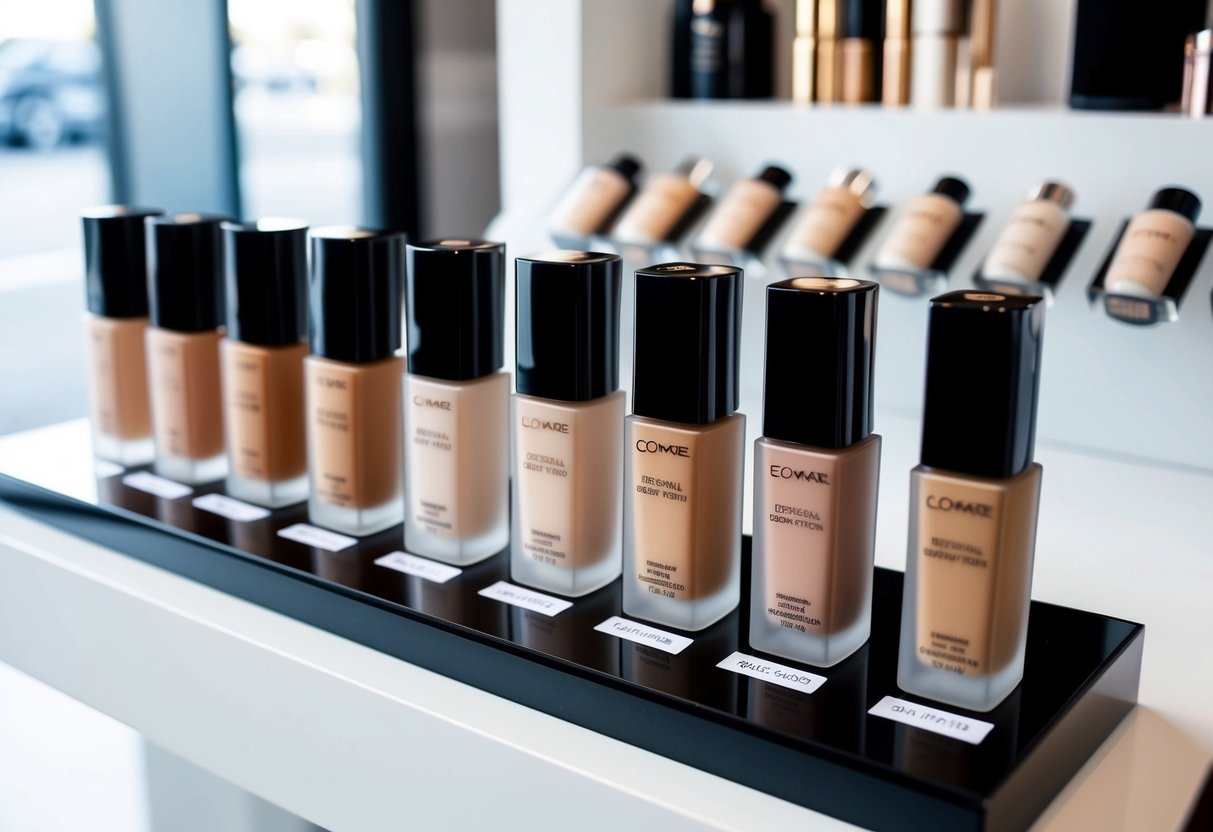 A variety of foundations on a clean, organized display, with labels indicating different skin types