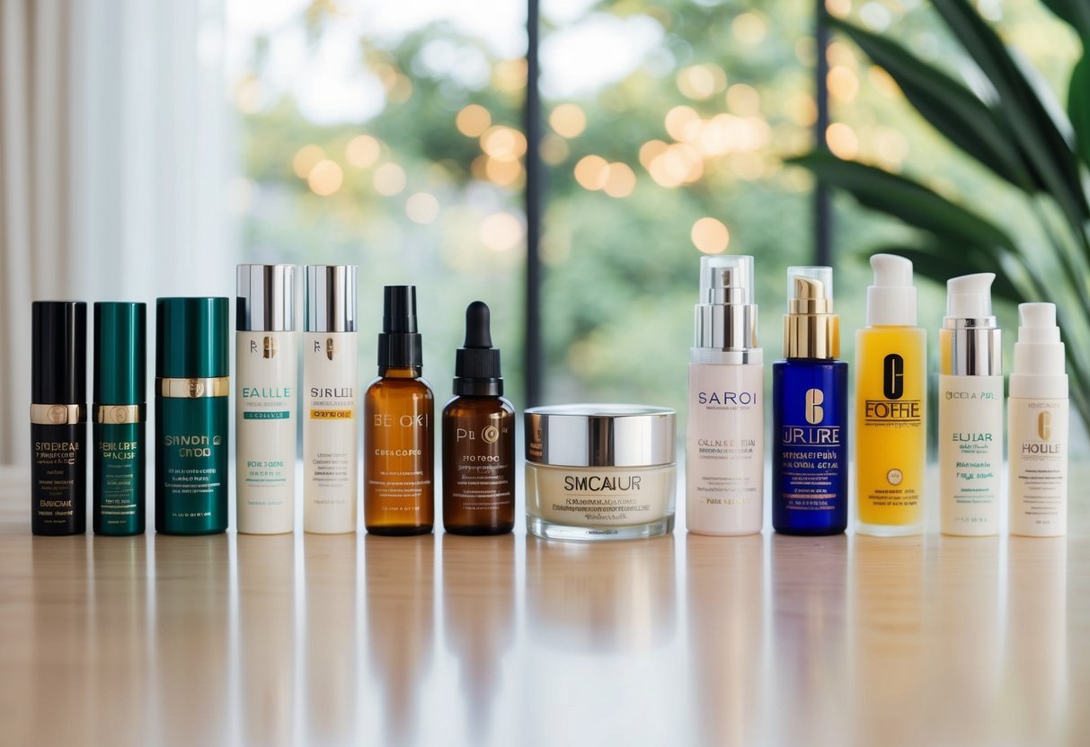 A table with neatly arranged skincare products, with drugstore brands on one side and high-end brands on the other, showcasing their different ingredients and formulations