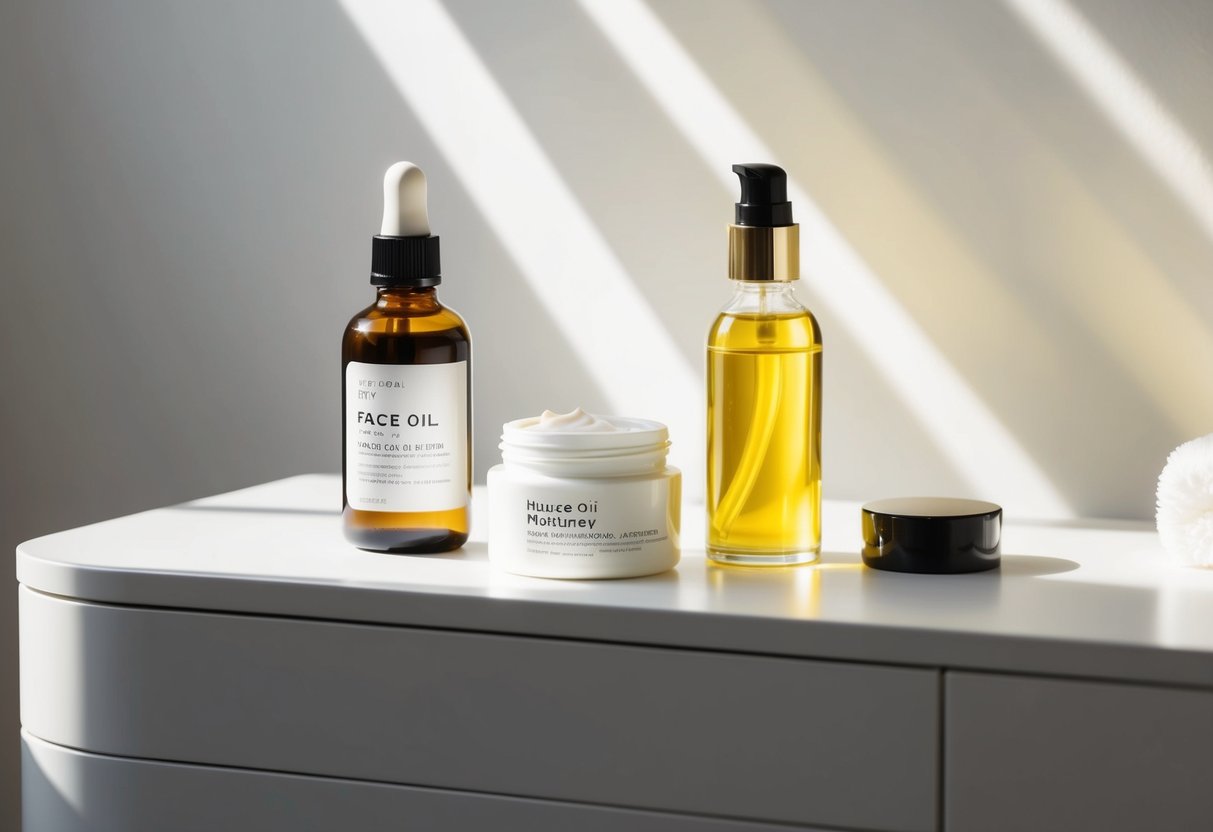 A bottle of face oil and a jar of moisturizer sit side by side on a clean, minimalist vanity table. Rays of sunlight gently illuminate the products, creating a soft, inviting glow