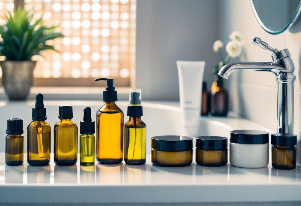 A serene bathroom counter with a variety of face oils and moisturizers neatly arranged in elegant bottles and jars