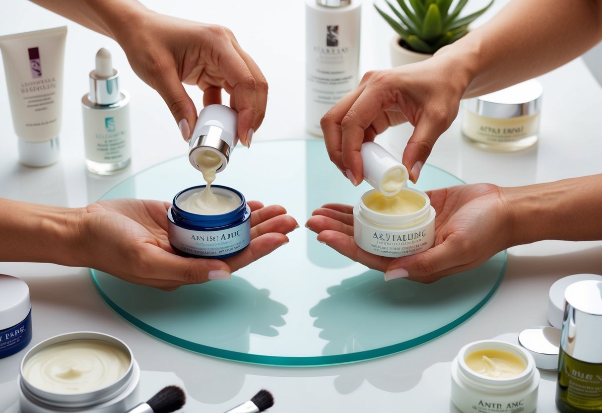 Two hands applying different anti-aging creams to a clean, smooth surface, surrounded by various skincare products and tools