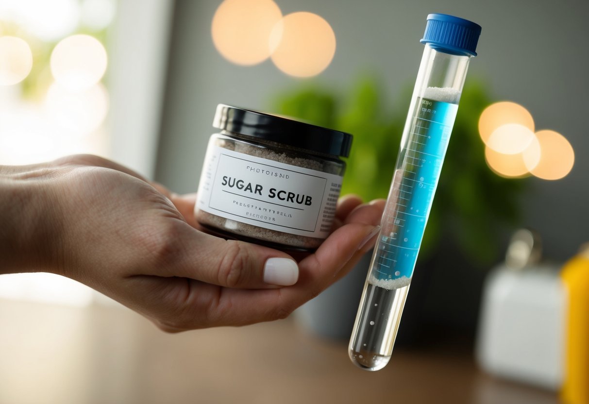 A hand holding a jar of sugar scrub next to a test tube with bubbling liquid