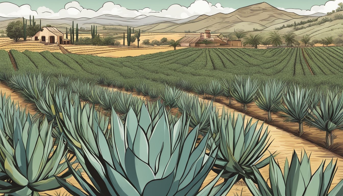 A traditional Mexican agave field with a distillery in the background, showcasing the historical and cultural significance of tequila