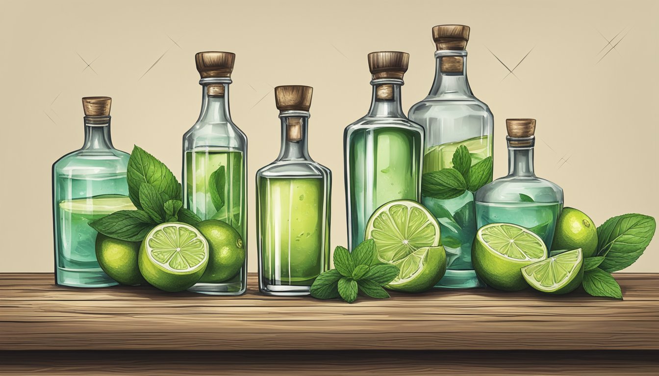 A rustic wooden bar with a row of tequila bottles, fresh limes, and muddled mint leaves in a cocktail shaker