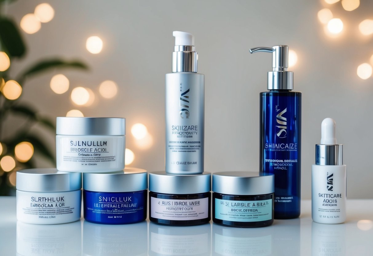 A variety of skincare products, including scrubs and acids, displayed on a clean, white surface. Each product is labeled with its specific exfoliating ingredients