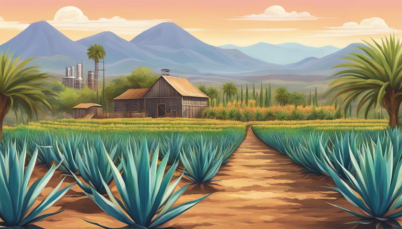 A rustic agave field with a distillery in the background, surrounded by vibrant chamoy fruit trees