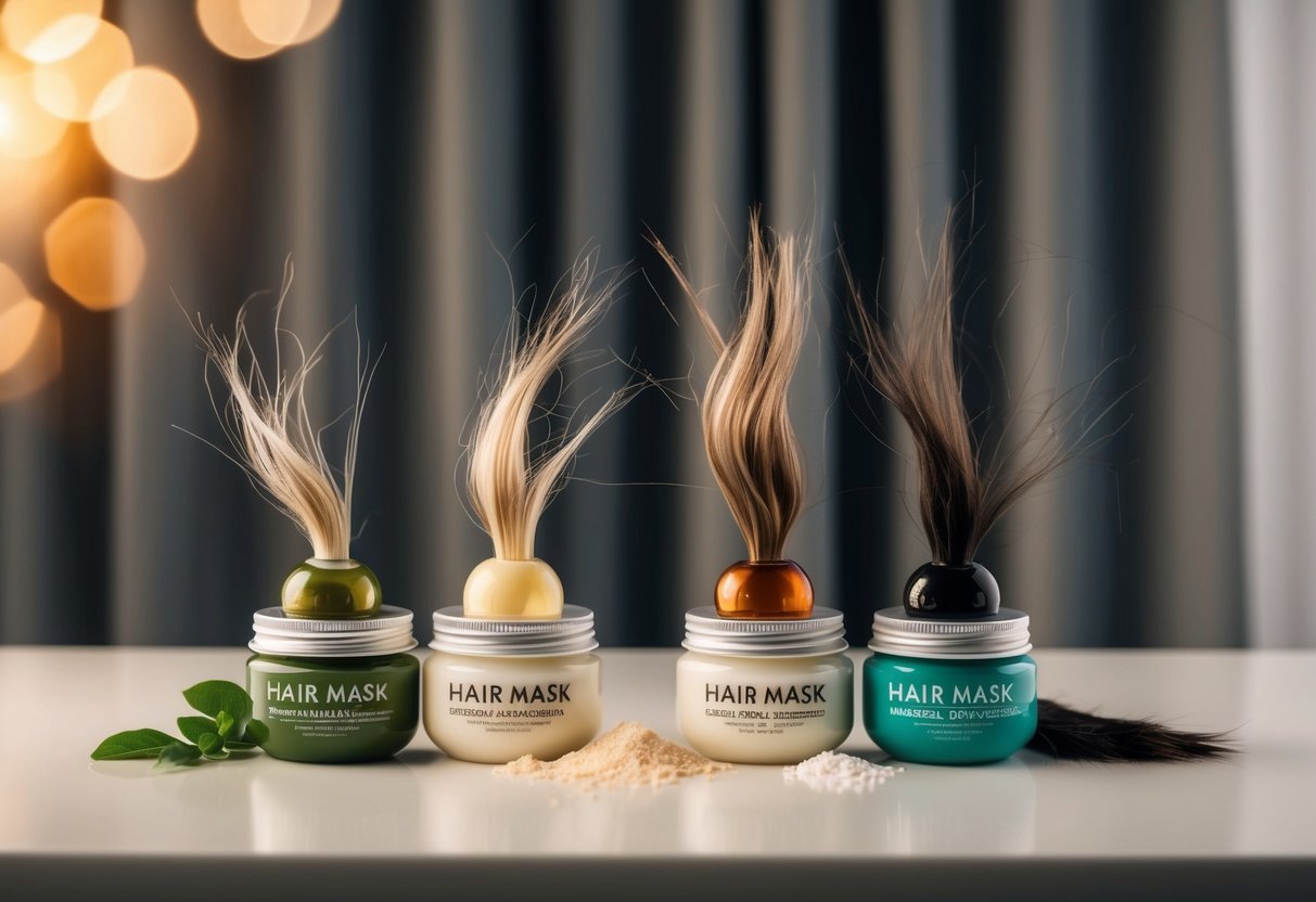 A table with various hair masks and damaged hair strands for comparison