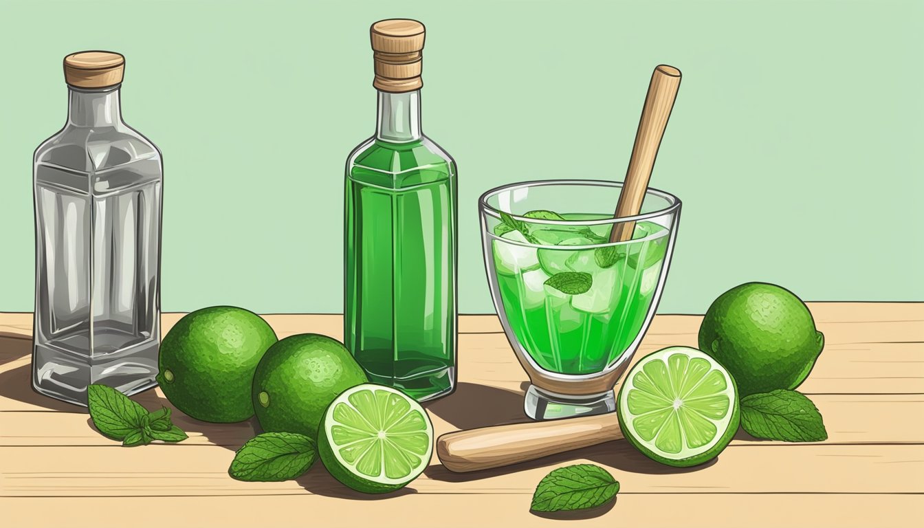 A wooden muddler crushing fresh mint and lime in a glass, with a bottle of tequila and simple syrup nearby