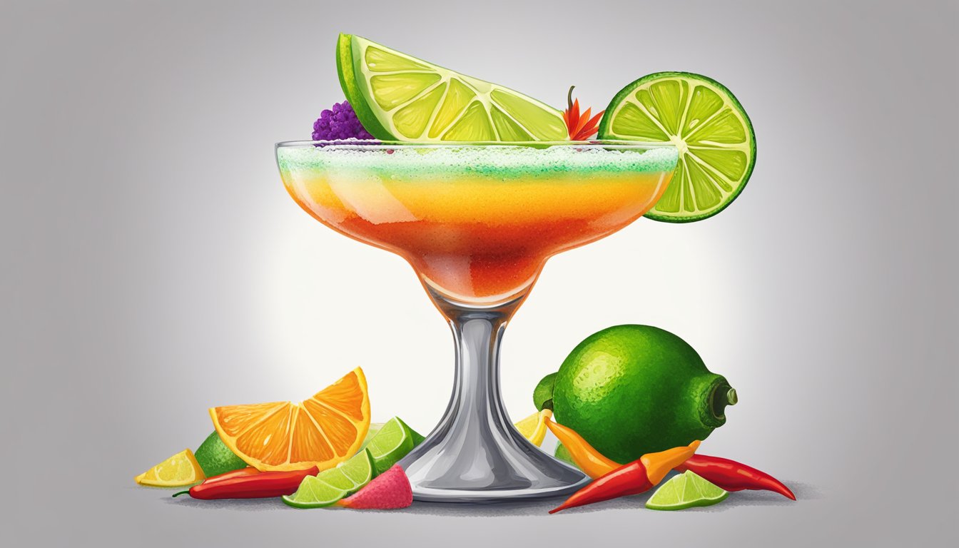 A margarita glass filled with tequila and chamoy, garnished with a lime wedge and chili powder rim, surrounded by colorful cocktail ingredients