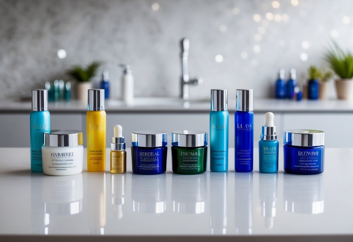 A collection of colorful jars and tubes of eye creams and face moisturizers arranged on a clean, minimalist countertop