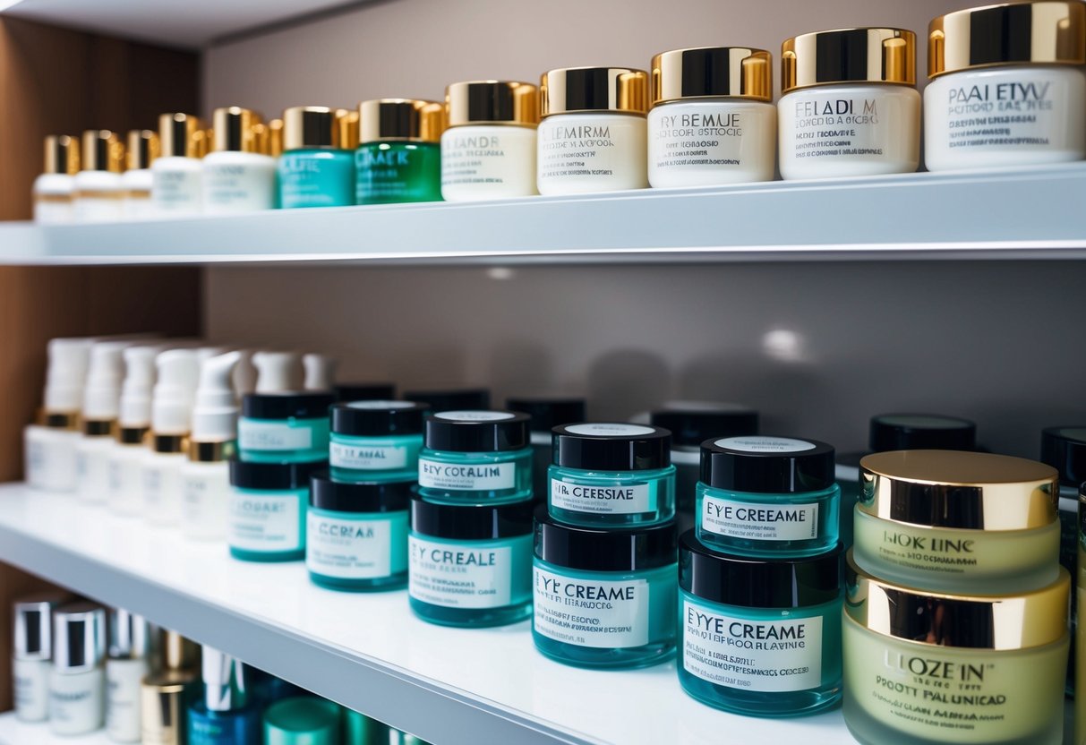 A variety of eye creams and face moisturizers arranged on a clean, well-lit display shelf, with labels and packaging clearly visible