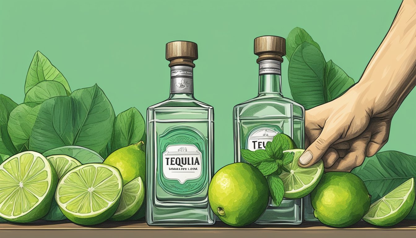 A hand reaching for a bottle of tequila on a shelf, surrounded by fresh limes and mint leaves