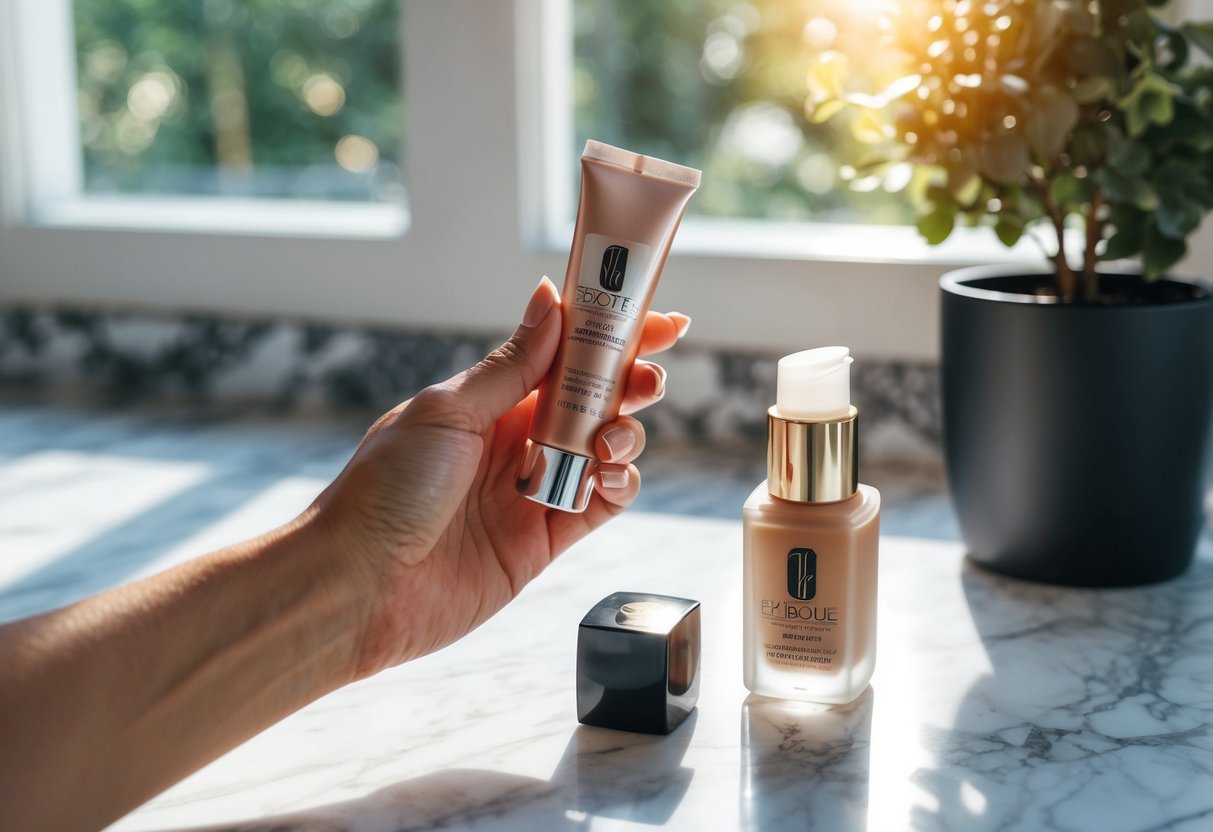 A hand holding a tube of tinted moisturizer next to a bottle of foundation on a marble countertop. Sunlight streaming in through a nearby window