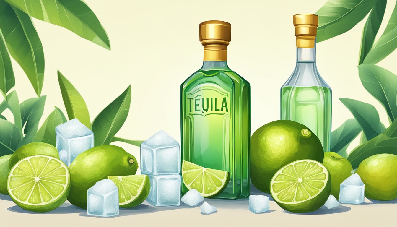 A bottle of tequila surrounded by fresh limes, sugar, and ice. A glass filled with a golden, citrusy cocktail