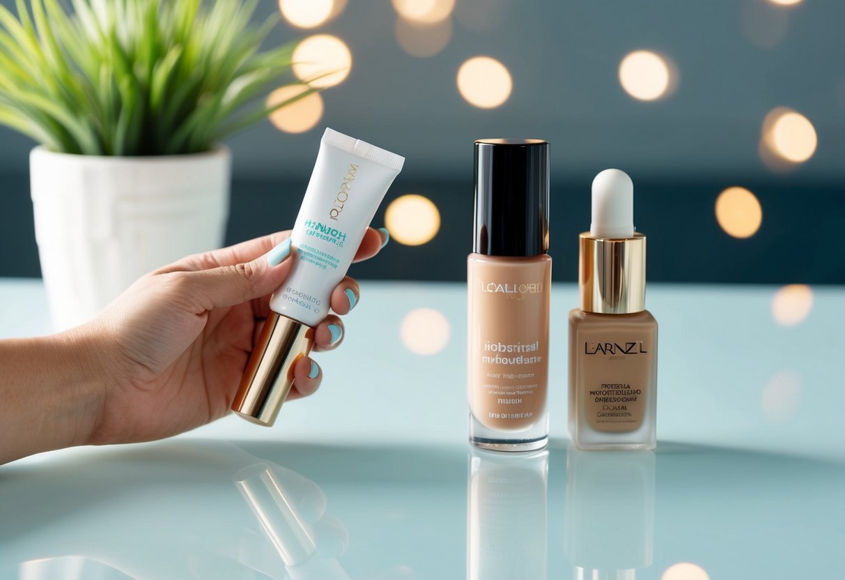 A hand holding a tube of tinted moisturizer next to a bottle of foundation on a clean, well-lit tabletop