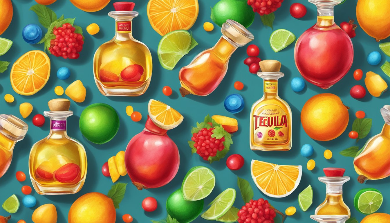 A bottle of tequila surrounded by chamoy-covered fruits and candies